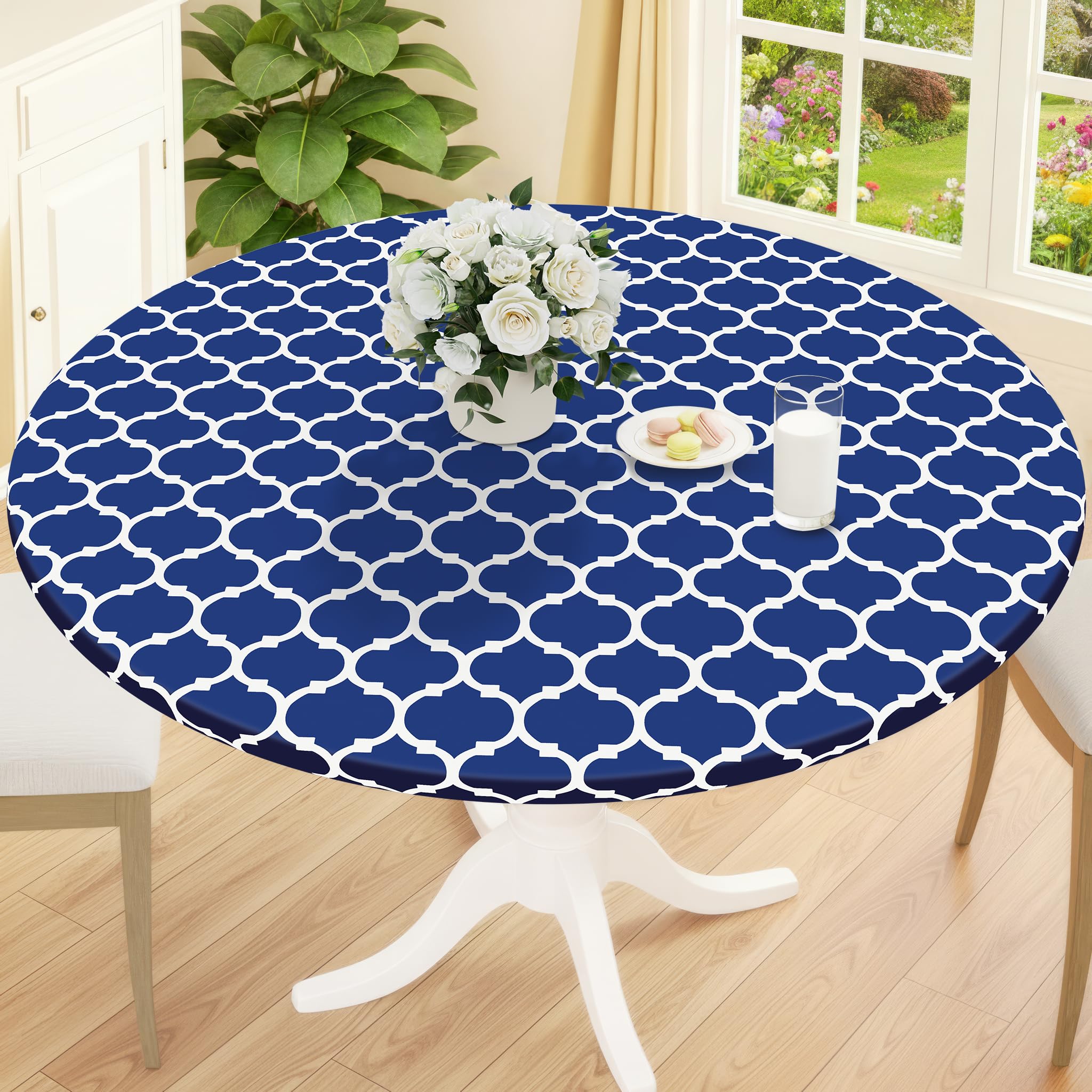Smiry Round Picnic Tablecloth, Waterproof Elastic Fitted Table Covers for 45" - 56" Tables, Wipeable Flannel Backed Vinyl Tablecloths for Camping,