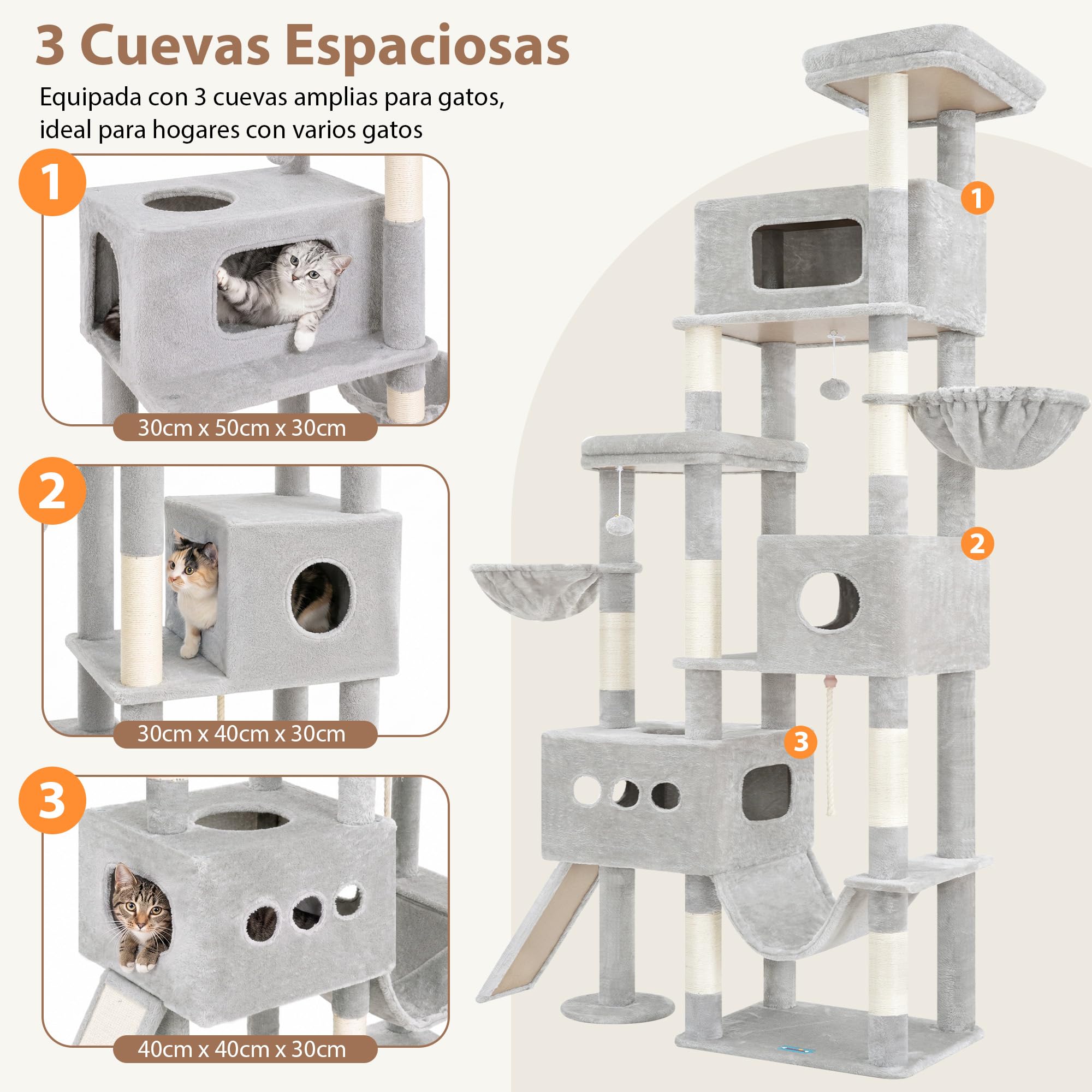 Gitelsnour Árbol para Gatos XXL 225 cm – Árbol Estable para Gatos Grandes, 3 Nidos, 2 Cestas Colgantes, Hamaca, Tabla Rascadora, 2 Plataformas de Observación, Base Estable, Gris Claro GCT808W