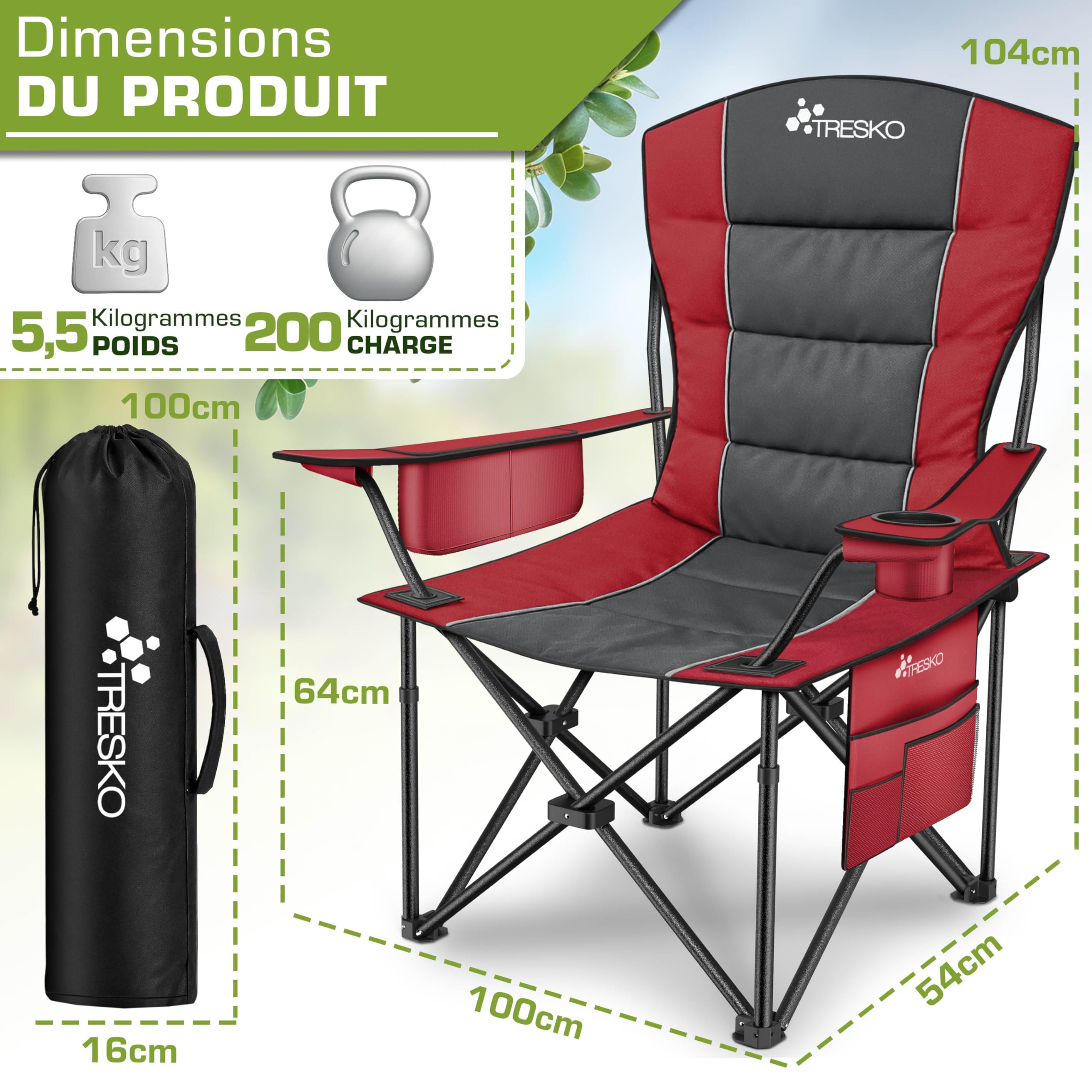 TRESKO® Chaise de Camping Pliante et transportable | jusqu'à 150 kg | Chaise de pêche Portable avec accoudoirs et Porte-gobelets (Rouge)