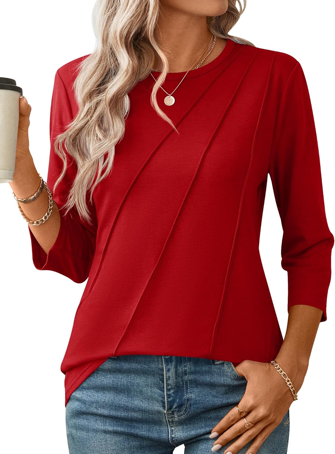 LOMON 3/4 Length Sleeve Womens Tops Spring Summer Fashion 2026 Tops Crew Neck Pleated Shirts Tunic Top Loose Fit - Image 2