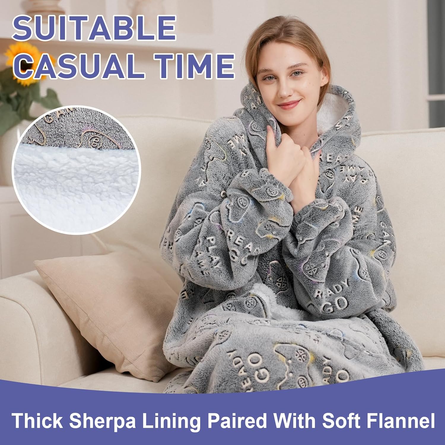 Wearable Blanket Gift for Women & Men Sherpa Flannel Blanket Hoodie Long Warm and Cozy Blanket with Giant Pocket,Glow in the Dark Game Controller - Image 5