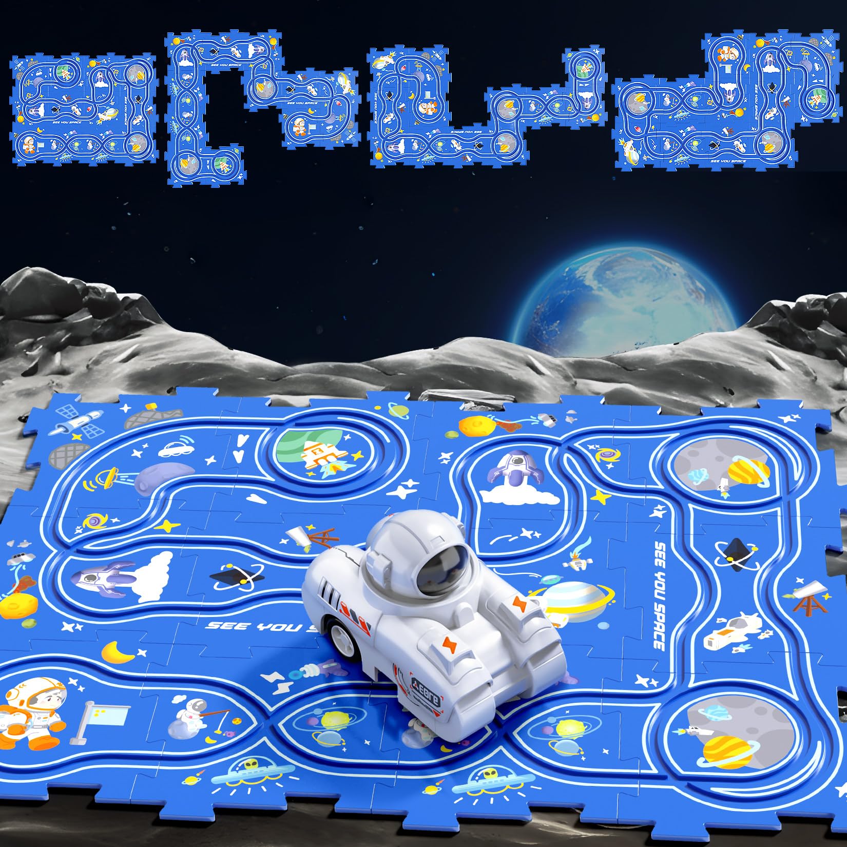 Puzzle Racer Kids Car Track Play Set Space Toddler Puzzle DIY Assembling Electric Trolley, Astronauts Montessori Educational Toys Christmas Stocking Stuffers Gift