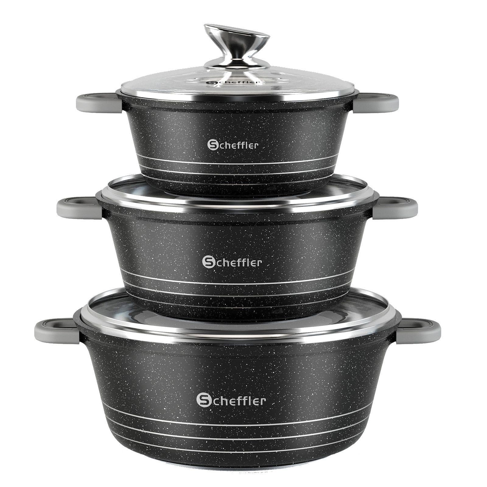 Topfset Scheffler 6tlg Kochtopf Set Induktions mit Glasdeckel | 20cm,2.2L&24cm,4L&28cm,6L Aluminiumguss, Antihaftbeschichtung, für alle Herdarten, Spülmaschinengeeignet