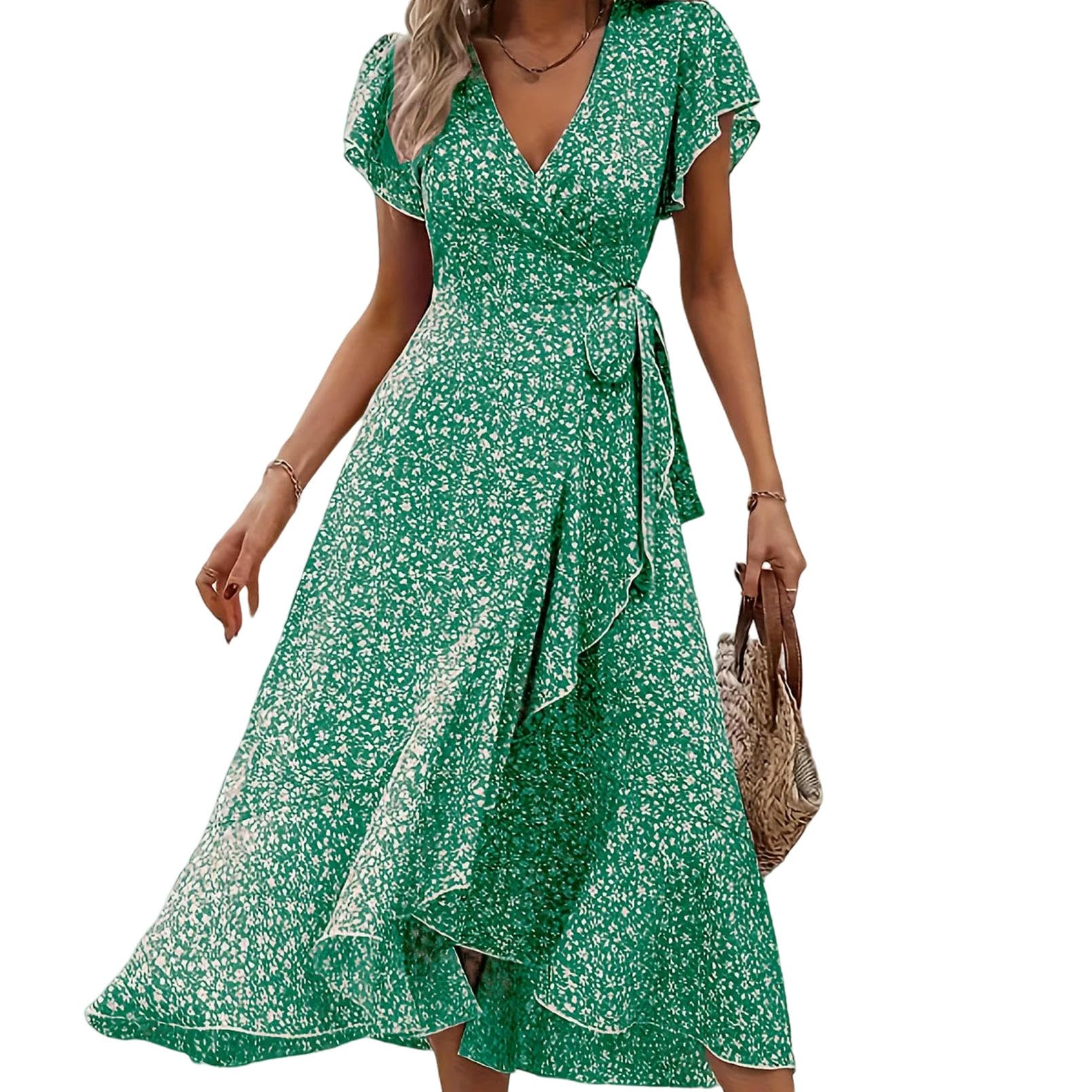 Abito Donna Invernale Abiti Estivi per Donne Sexy A V Maniche Corta Manica Irregolare in Alto Vestito con Stampa Floreale da Spiaggia Casual-Rosa-m