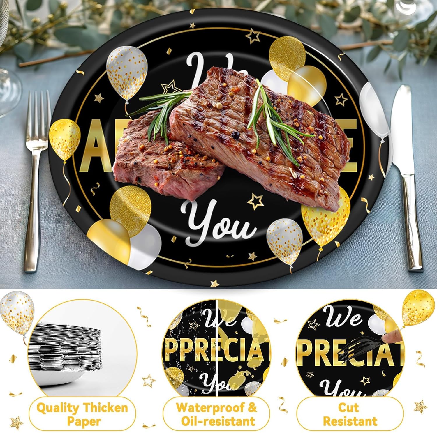 50 Pcs We Appreciate You Party Plates Thank You Plates CNA Appreciation Week Supplies Large 11 Inch Employee Appreciation Party Oval Paper Plate Platter for Teacher Doctor Nurse Staff, Black Gold - Image 3