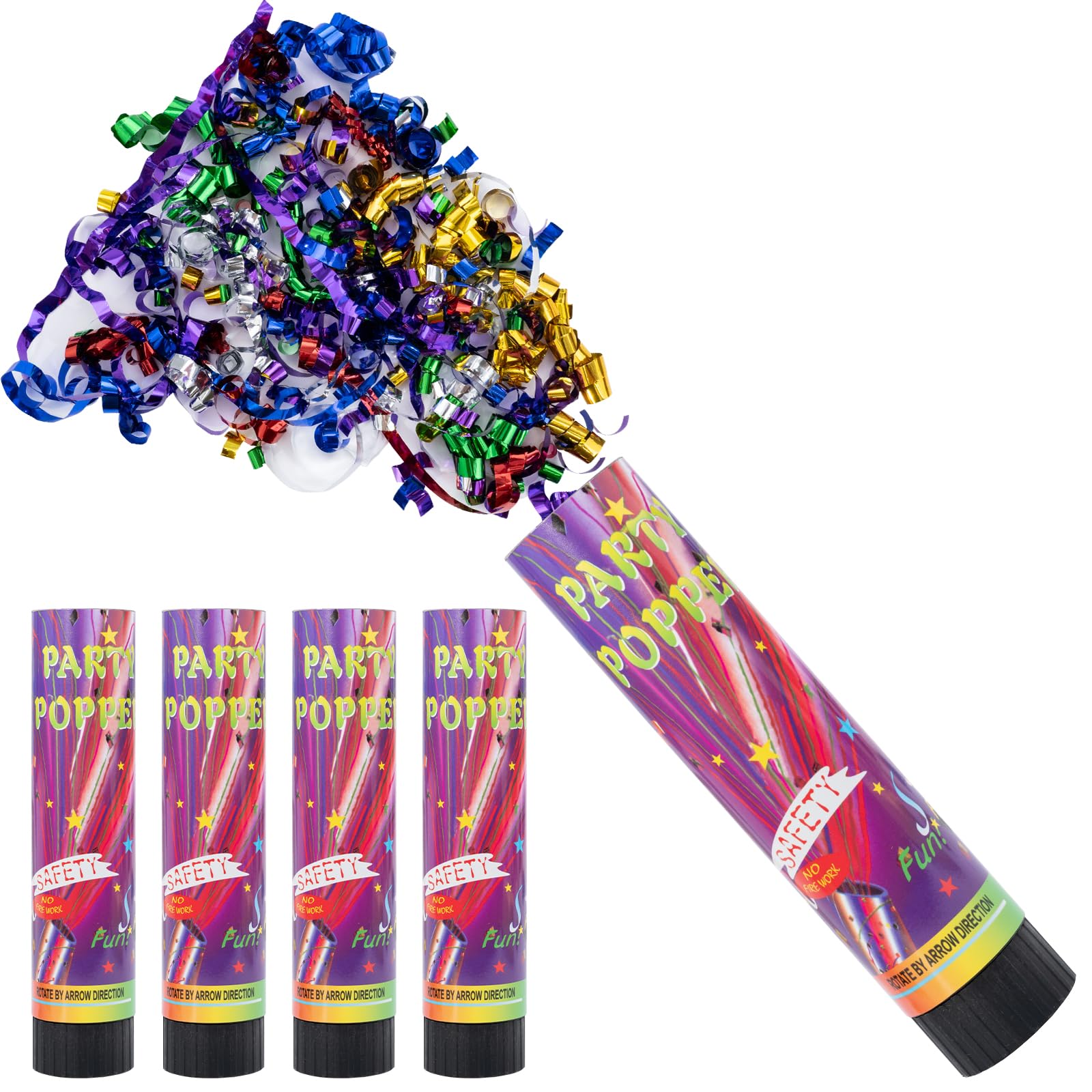 DRERIO Pack of 4 Twist Confetti Poppers, 20cm Colour Party Cannons No Compressed Gas for Wedding Anniversary Christmas New Year Celebrations