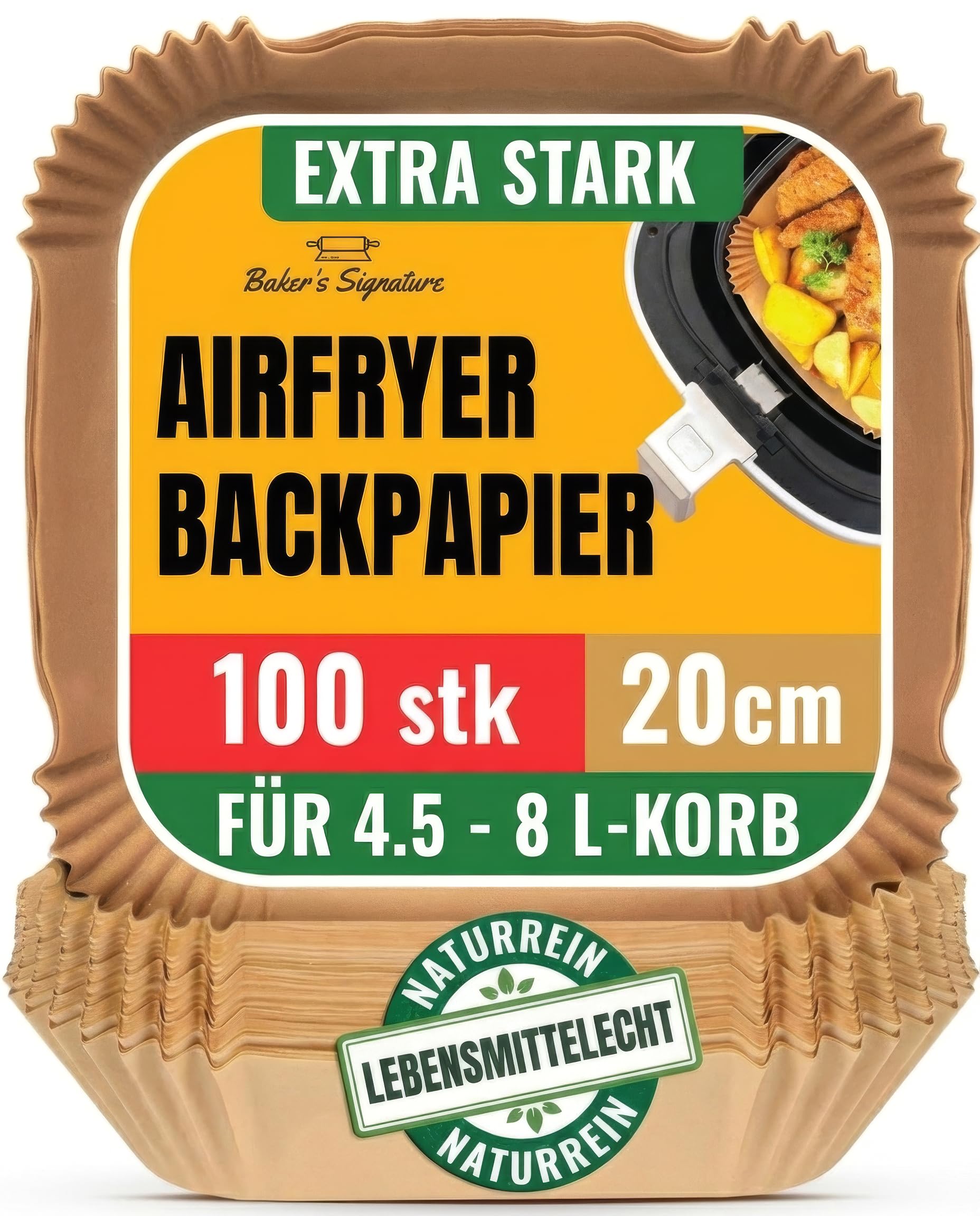 Airfryer Backpapier 100 Stück - 20-24 cm - Ungebleichte, Antihaft, Wasserdicht, Ölfest Backpapier für Heißluftfritteuse für 4,5L-8L Körbe heißluftfritteuse, Ideal für Ofen, Pfannen und Backen