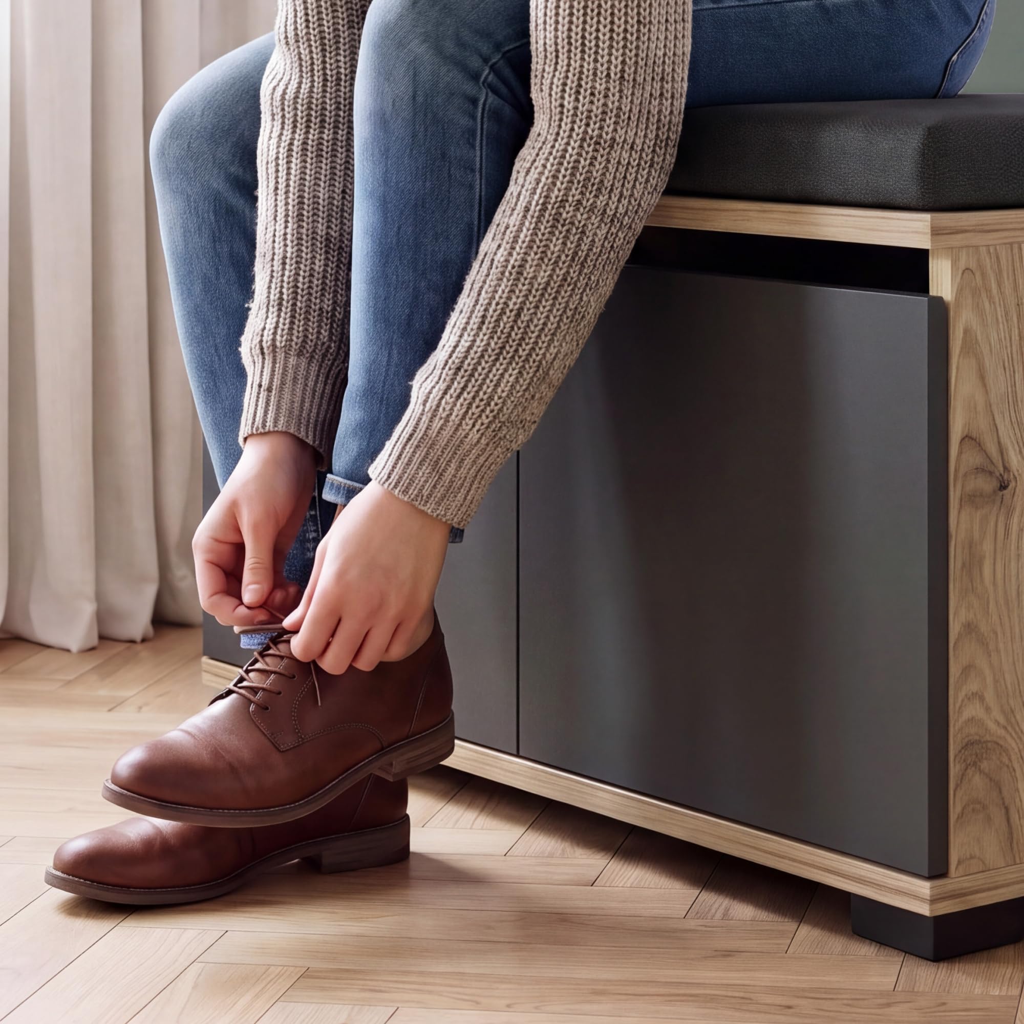 [en.casa] Banc à Chaussures avec 2 Portes Range-Chaussures à 4 Niveaux Meuble de Rangement pour Entrée Panneau de Particules Textile 42 x 80 x 35 cm Effet Chêne Noir