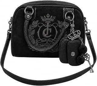 Juicy Couture Sparkle 로열 사첼, 인조 가죽 트림이 있는 벨루어, 너비 30.5cm x 높이 20.3cm x 길이 12.7cm(12 x 8 x 5인치), 미니 파우치 및 참 포함