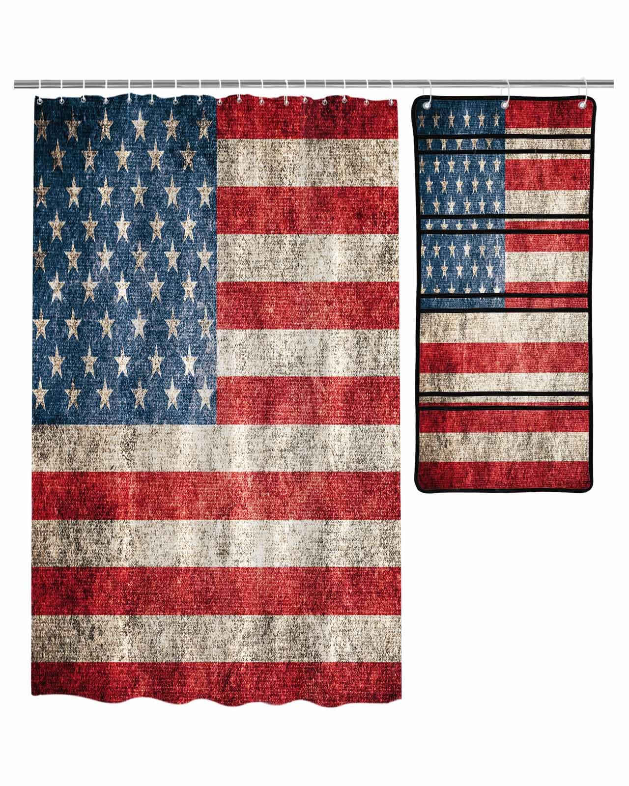 ZFUNCING Shower Curtain Mesh Shower Organizer Set Independence Day Vintage American Flag Waterproof Bath Curtains Hanging Shower Caddy