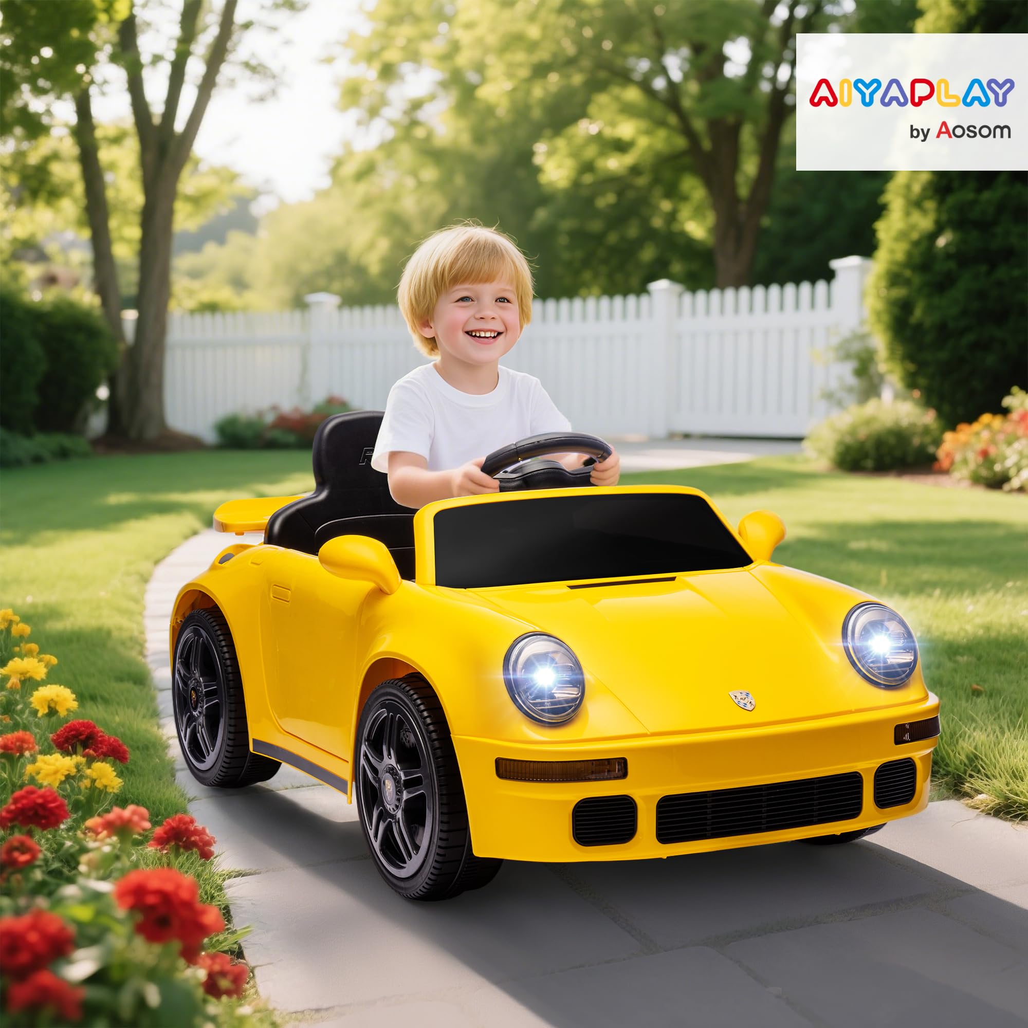 AIYAPLAY Dziecięce auto elektryczne 12V RUF CTR 2017-Yellowbird Żółty | 2,4 GHz pilot, 2 silniki, miękki start, pojazd dziecięcy, wskaźnik energii, MP3, LED, klakson, dla 3-6 lat