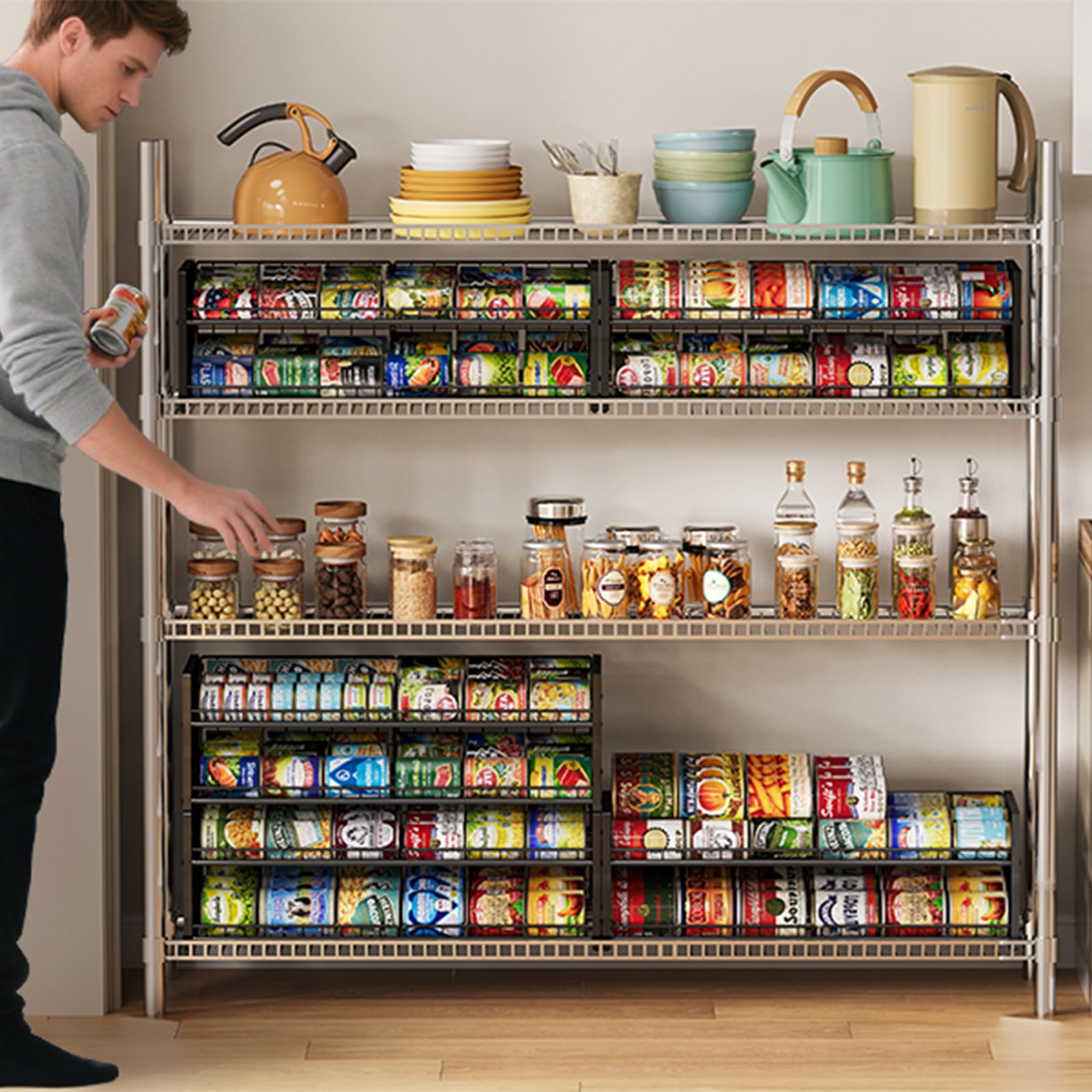 Stapelbarer Dosenhalter für Speisekammerregal, verstellbar, extra lang, Rolldosenregal für Küchenschrank, stabiler stehender Dosenhalter für Konserven, Soda bis zu 128, 2 Etagen, schwarz, 2 Stück