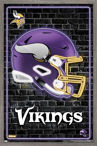 Trends International NFL Minnesota Vikings - Póster de pared con casco neón 23, 22.4 pulgadas de largo x 14.7 pulgadas, versión enmarcada en madera