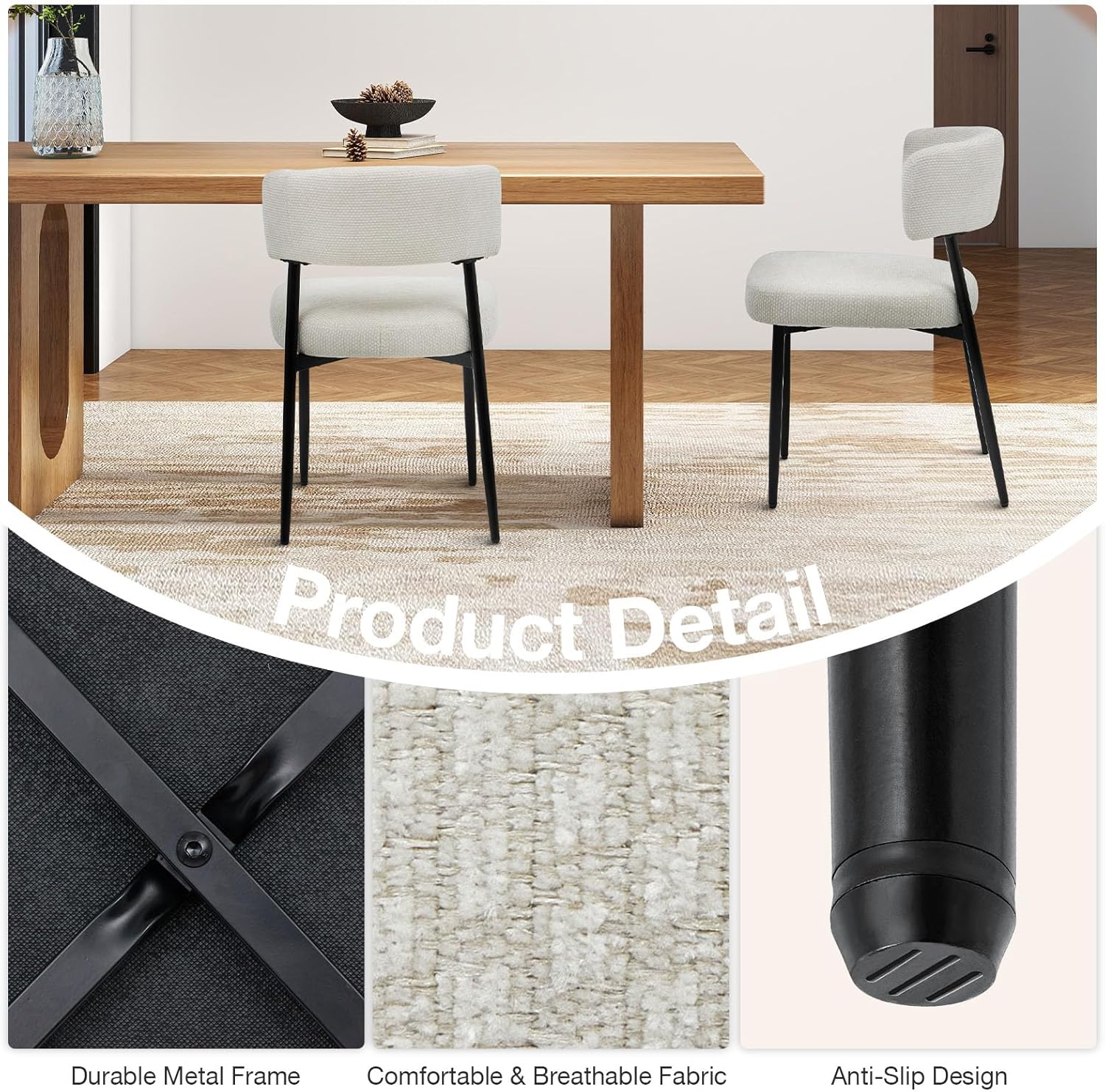 DUMOS Dining Chairs Set of 4, Mid Century Modern Chair Round Upholstered Curved Backrest, Kitchen Vanity Living Room Chairs with Black Metal Legs, Beige