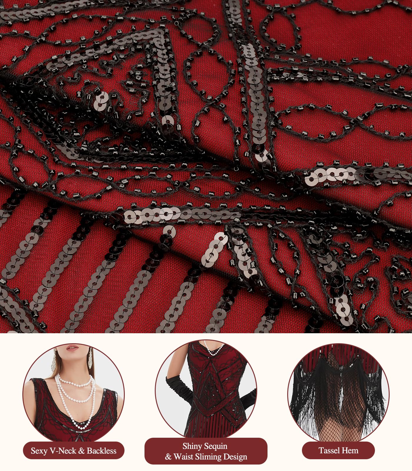 WILDPARTY Robe de cocktail style années 1920 pour femme – Robe de cocktail avec col en V, perles à paillettes et franges – Robe de cocktail avec accessoires des années folles (noir et rouge, taille