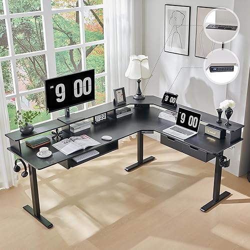 RedLemon Escritorio eléctrico de pie en forma de L de 75 x 60 pulgadas, escritorio de esquina ajustable en altura con cajones, tomas de corriente y