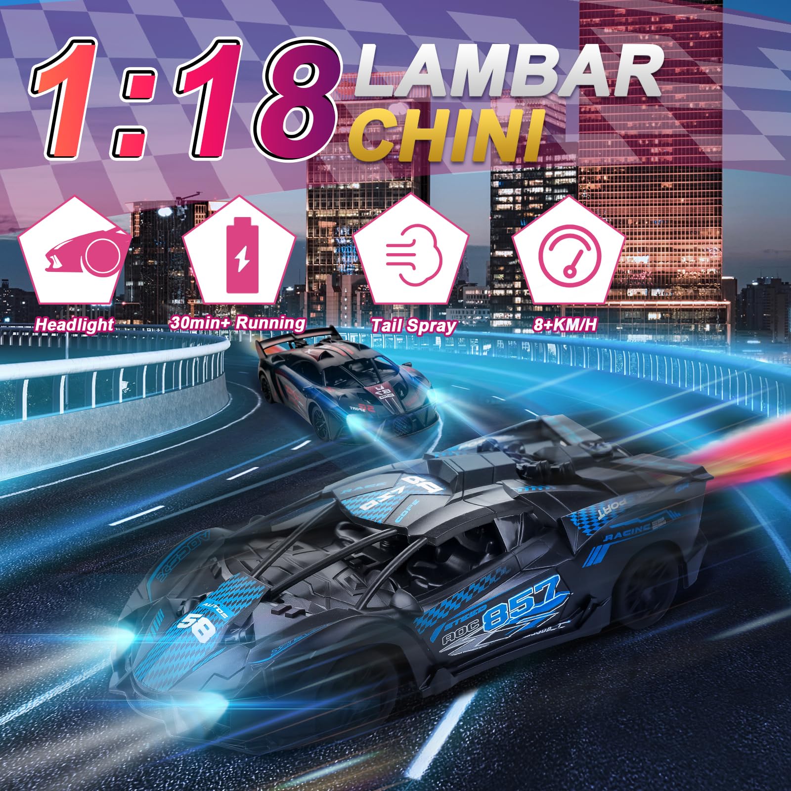 SAIFILI Lambarchini Macchina Telecomandata per Bambini 3-12 anni Modellino RC Car, 1:18 Auto Telecomandata Bambino con Spray, Batteria Ricaricabile, Luce LED, Natale Compleanno Regalo per Ragazzi, Blu