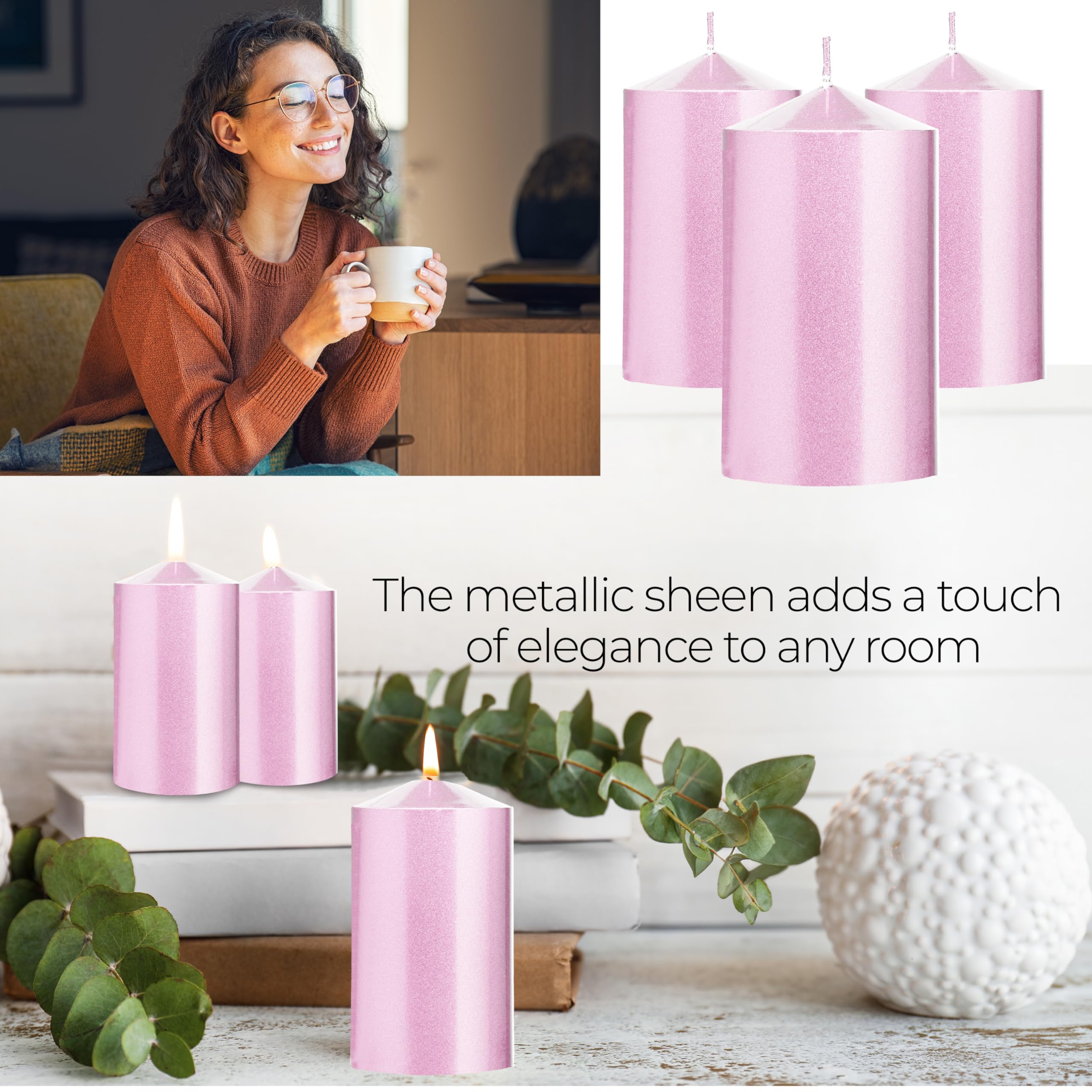 DECO EXPRESS Metallic Stumpenkerzen Set, 3er-Pack, Kerzen Lange Brenndauer, 30 Stunden, Geruchslos (Rose Gold - 3er-Pack) (Packung mit 2)