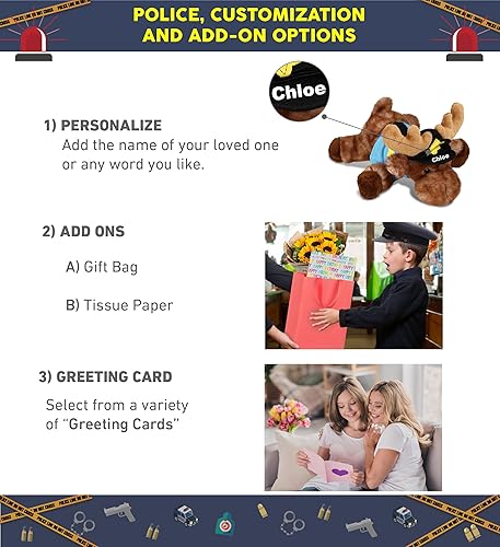 Miniatura 2 de DolliBu Peluche de oficial de policía de alce mentiroso marrón, disfraz de policía de alce marrón suave con lindo uniforme de policía y traje de