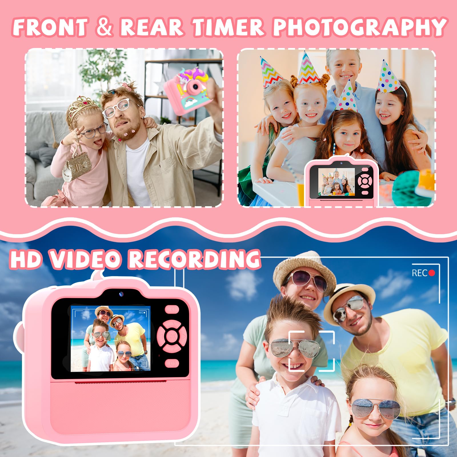 Macchina Fotografica Bambini Istantanea, 2,4 Pollici 1080P Fotocamera Bambini Selfie Giocattolo Regalo di Natale Bambino e Bambina 3 4 5 6 7 8 Anni, 32GB Scheda