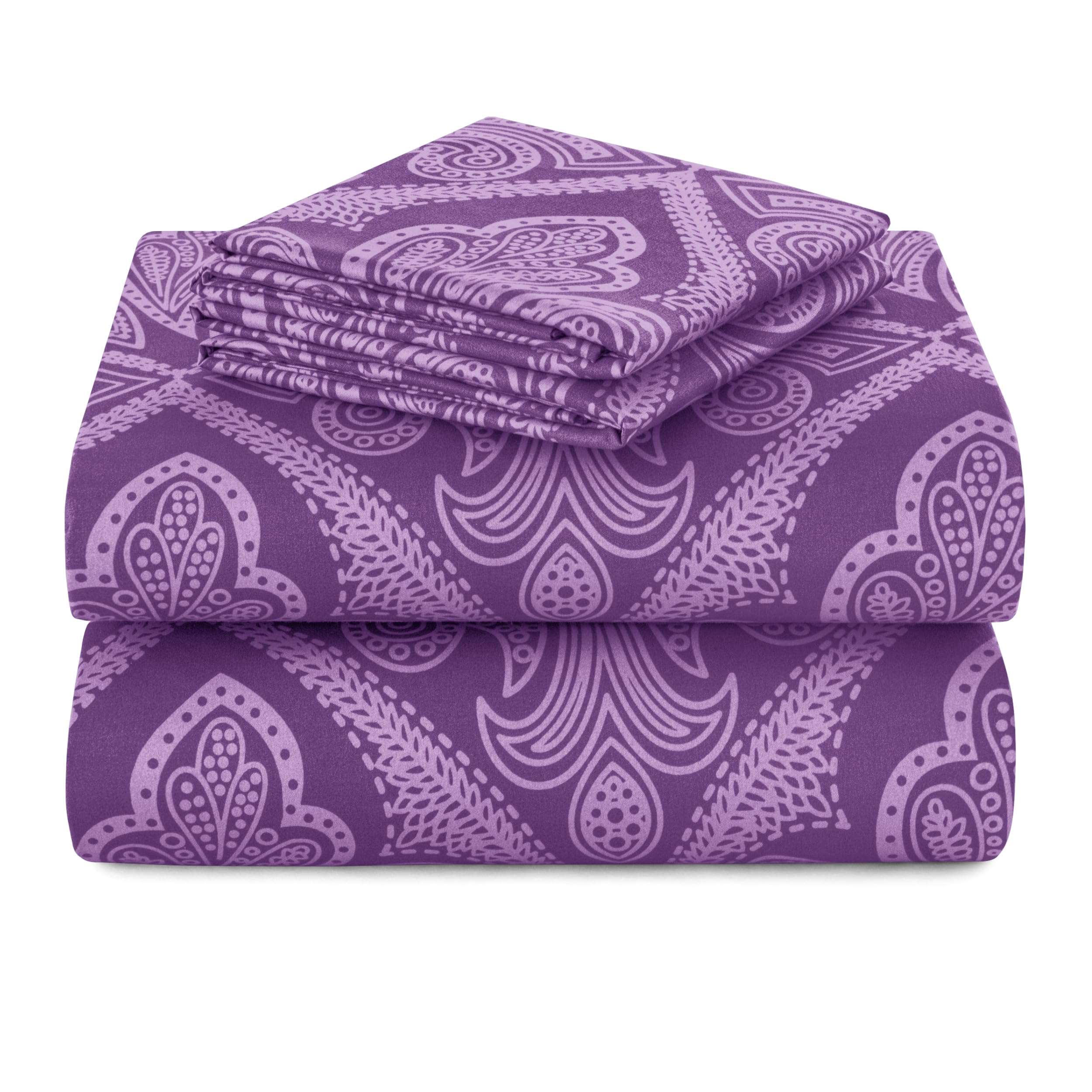 Hannah Linen Paisley Queen Sheet Set 4 PC Soft Microfiber Wrinkle Free Sheets - Luxurious Printed Bed Sheets