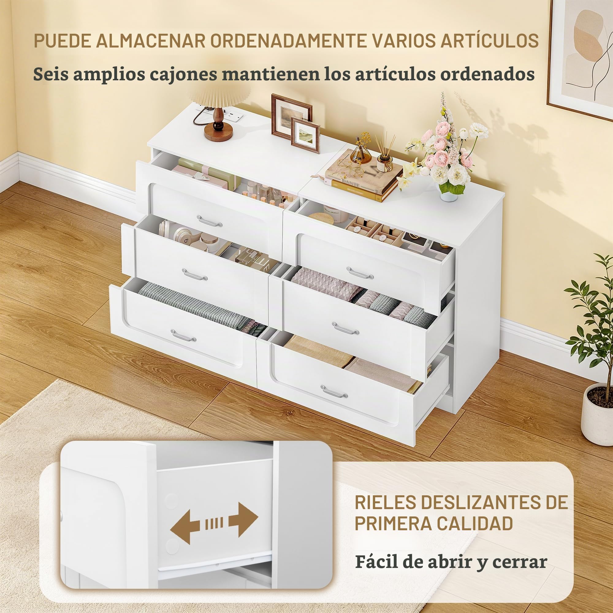 Hzuaner Cómoda con Regleta de Enchufes, Cómoda de Doble Columna, 6 Cajones para Dormitorio, Mueble Almacén Moderno para Pasillo, Salón, Vestidor y Oficina 40 x 140 x 75 cm Blanco DC35003XEU