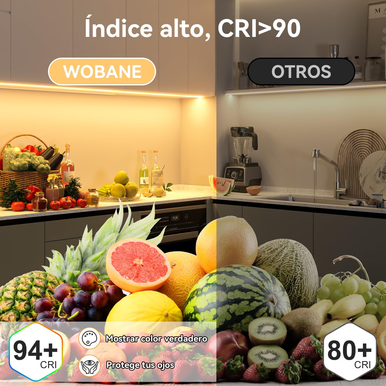 WOBANE Striscia LED COB 10 m 24 V, striscia LED dimmerabile con comando CRI 90+, strisce LED ad alta luminosità adesive con spina per cucina, camera da letto, scale, soggiorno, soffitto, bianco caldo