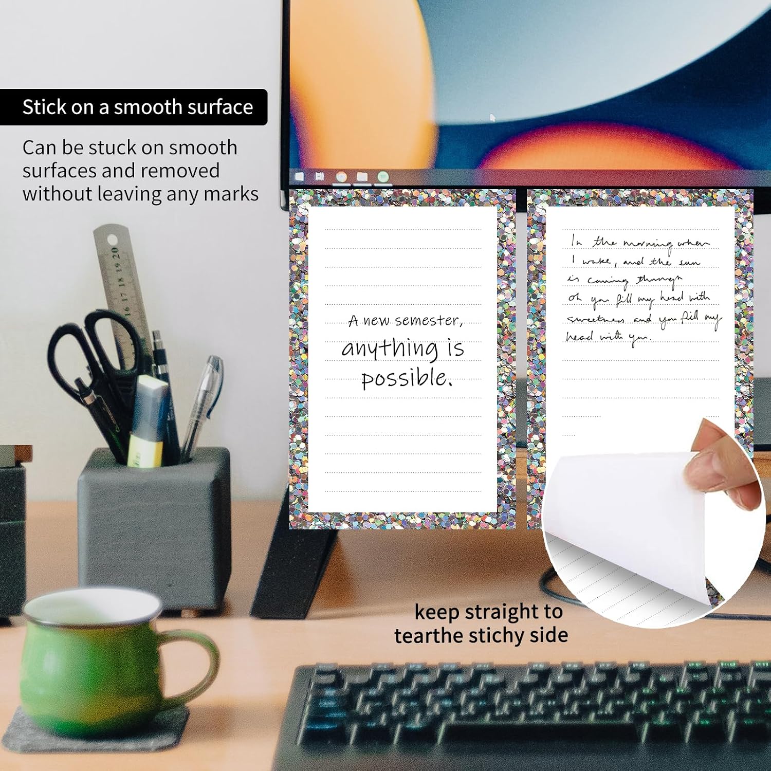 2 Pack Lined Sticky Notes 4x6 in, Cute Self-Stick Notepads with Lines, Large Memo Pads Strong Adhesive for Office, Home Glitter Colorful Pattern image 3
