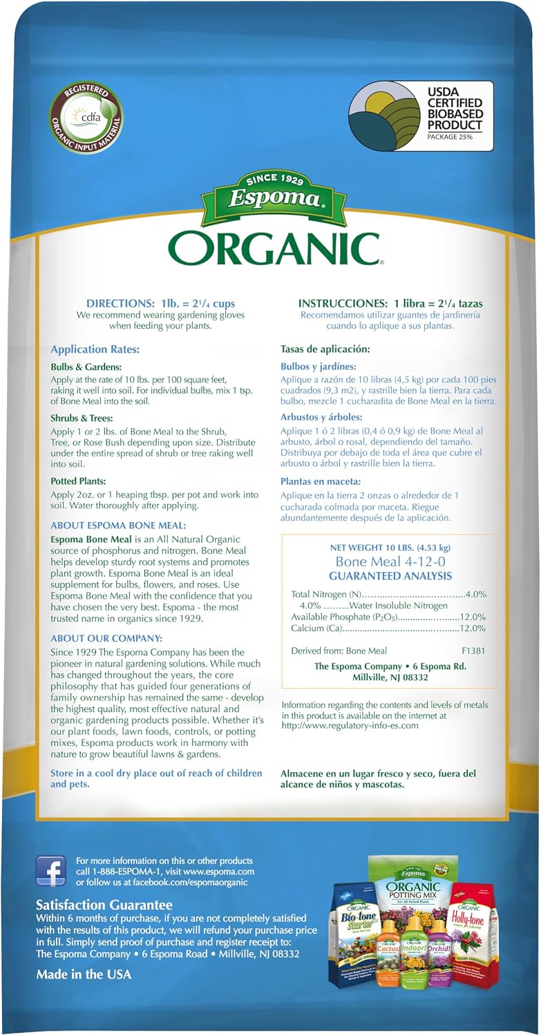 Espoma Organic Bone Meal Fertilizer 4-12-0. All-Natural Plant Food Source of Nitrogen and Phosphorus for Organic Gardening. for Bulbs & Other Flowering Plants. 8 lb. Bag. Pack of 1