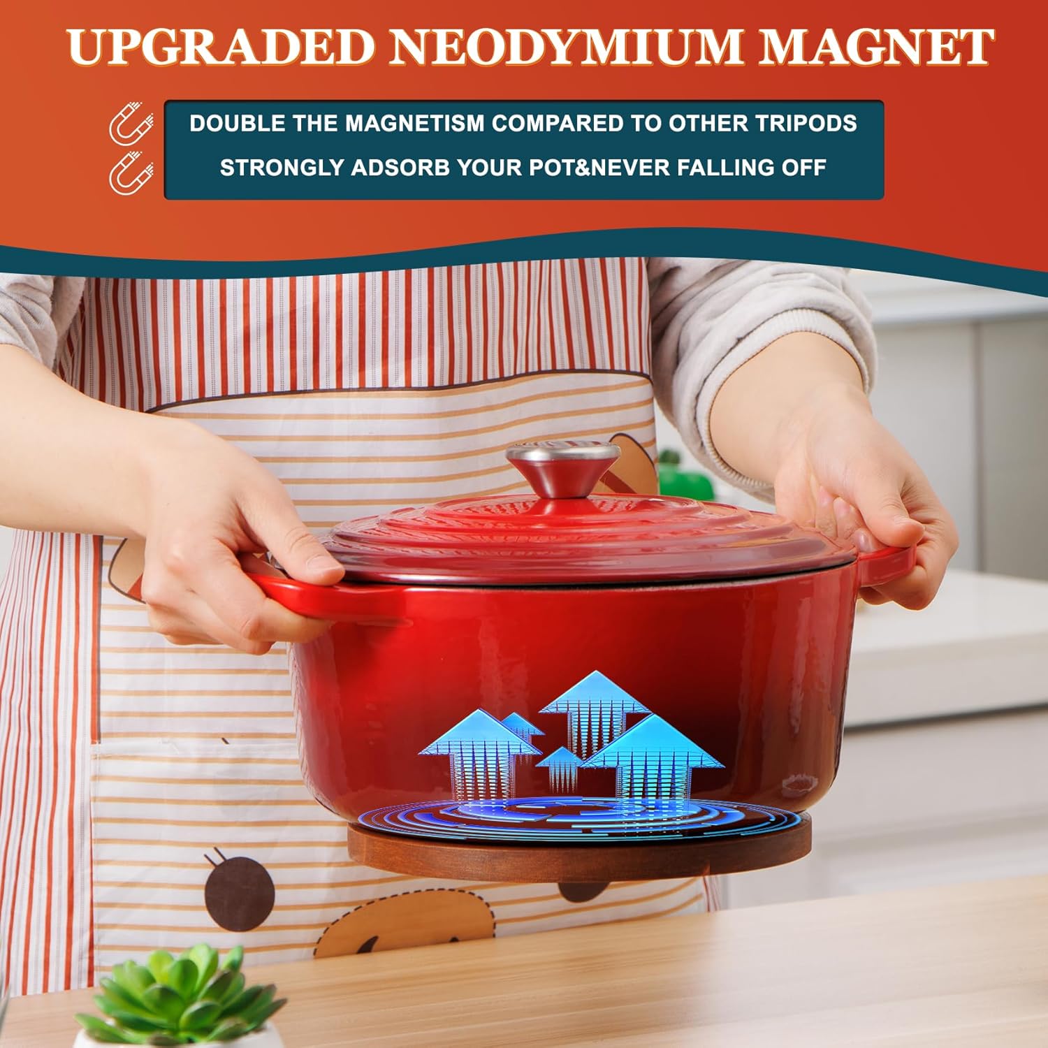 Magnetic Wooden Trivet, 9″, Acacia Walnut Wood, Compatible with le creuset Cast Iron Dutch Ovens, Scalloped Magnetic Trivet Wood, Kitchen Magnetic Pot Holder Five-Years Free Replacement