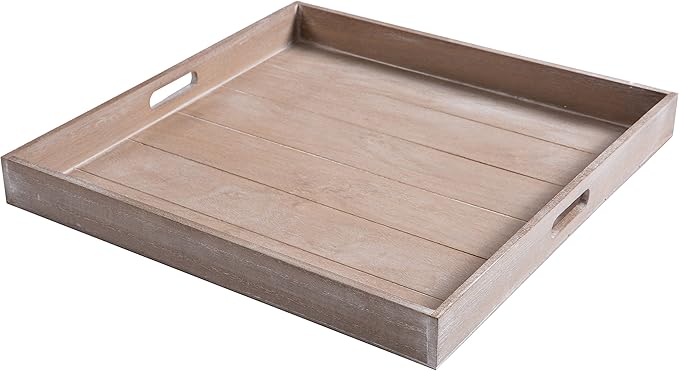MyGift Rustic Brown Wood Large Ottoman Tray with Handles, 19 x 19 inch Decorative Serving Tray for Breakfast in Bed, Tea, Coffee
