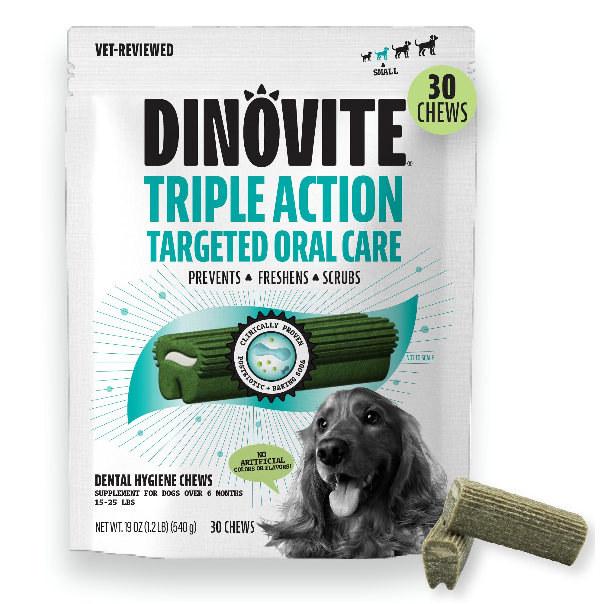 Dinovite Daily Dental Chews for Small Dogs, Freshens Breath, Mint, 30 Count
