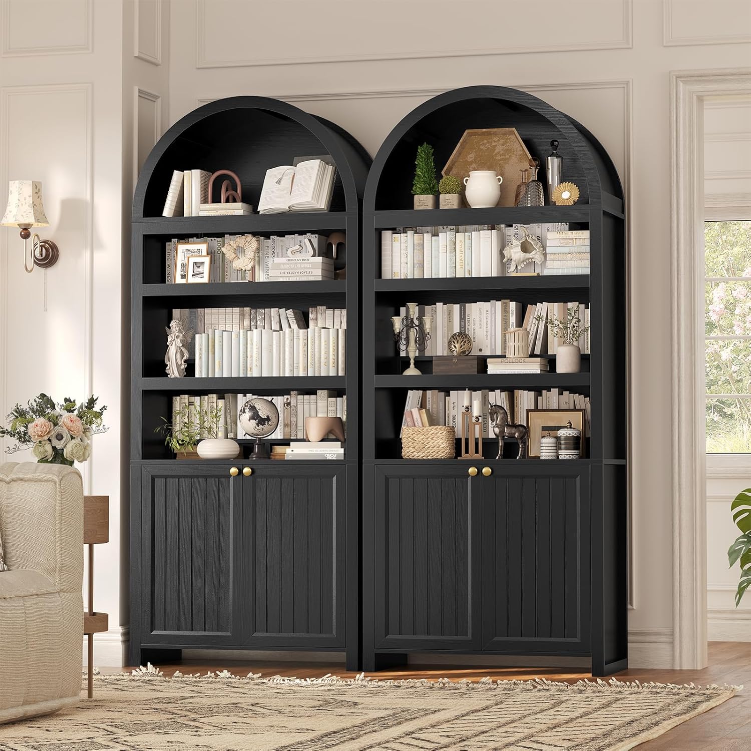 81" Tall Arched Mid-Century Modern Bookcase, Black