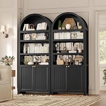 UPOSOJA 2 Pcs 81" Tall Arched Cabinets,Bookcase with Storage,Mid-Century Modern 6-Tier Bookshelf with Door,2 Book Risers and Adjustable Shelves, for Living Room,Kitchen,Home Office Black, Large