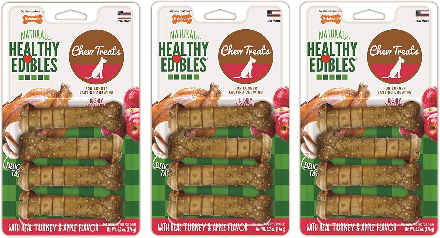 Nylabone 12 Pack of Healthy Edibles Chew Treats, Regular, Turkey and Apple Flavor Bones for Dogs Up to 25 Pounds
