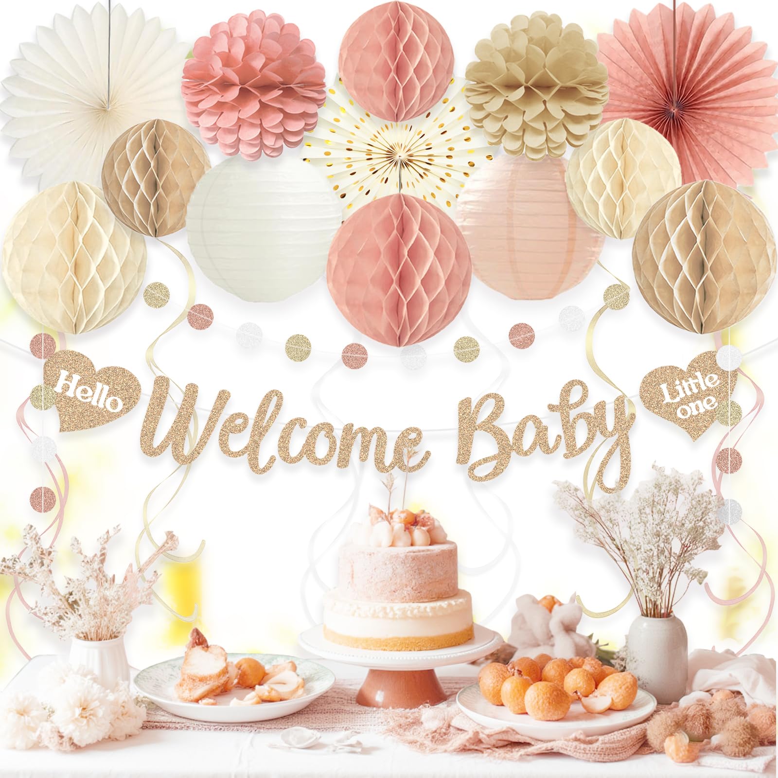 Boho Baby Shower Decorations for Girl, Pre-Strung Welcome Baby Banner with Honeycomb Balls, Paper Flowers, Lanterns, Fans, Hanging Swirls, Circle Dots Garland for Girl Baby Shower Decorations 24pcs