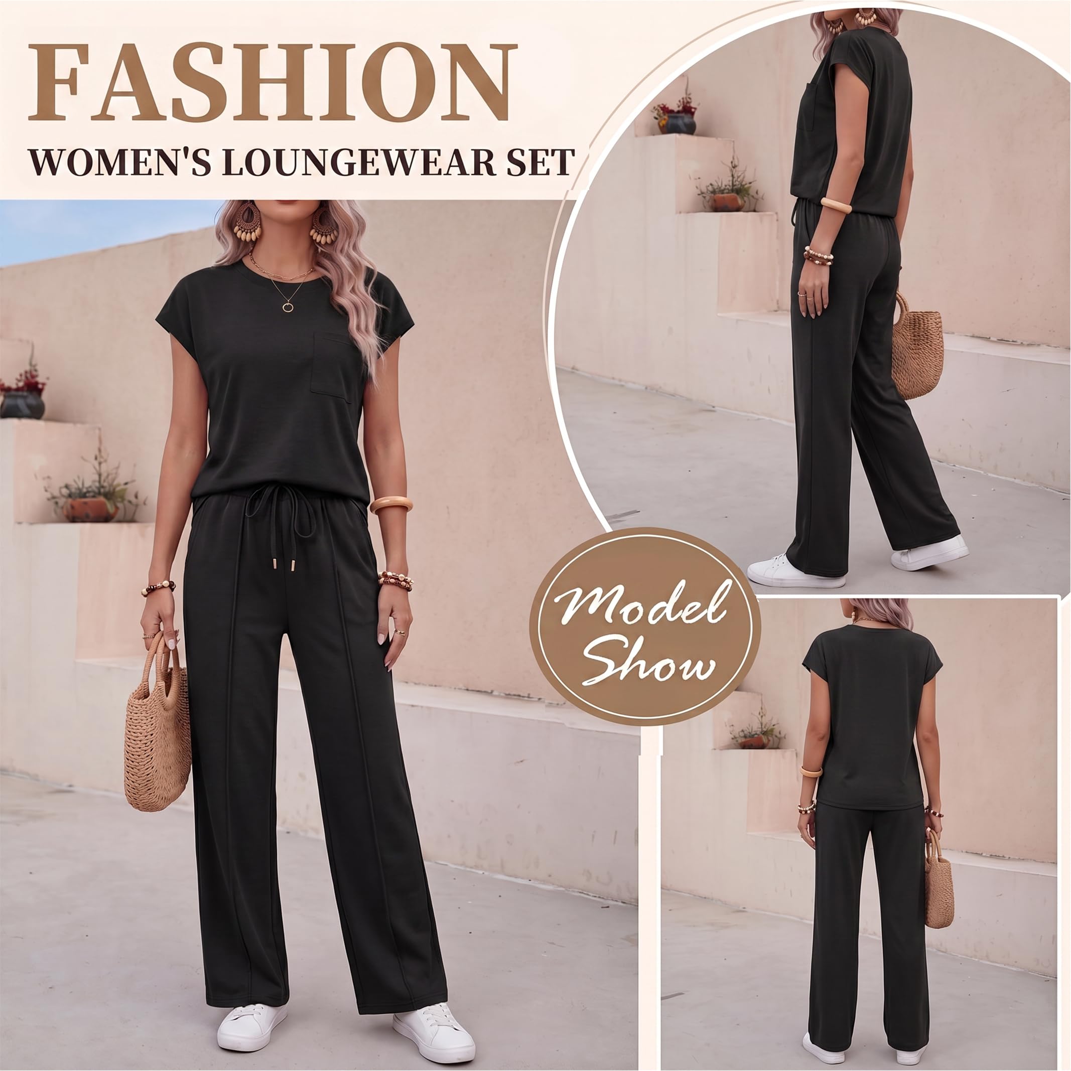 Conjunto de 2 piezas para mujer, conjunto de verano para mujer, manga casquillo, cuello redondo, pantalones de pierna ancha con bolsillos, chándal completo, conjuntos de ropa de descanso