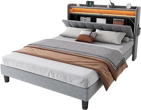BTM Double Bed Frame, Upholstered Bed with Lower Flap Door Storage, LED Light Strip and 4 USB Port, 4FT6-135x190cm, Velvet, Grey(No Mattress)