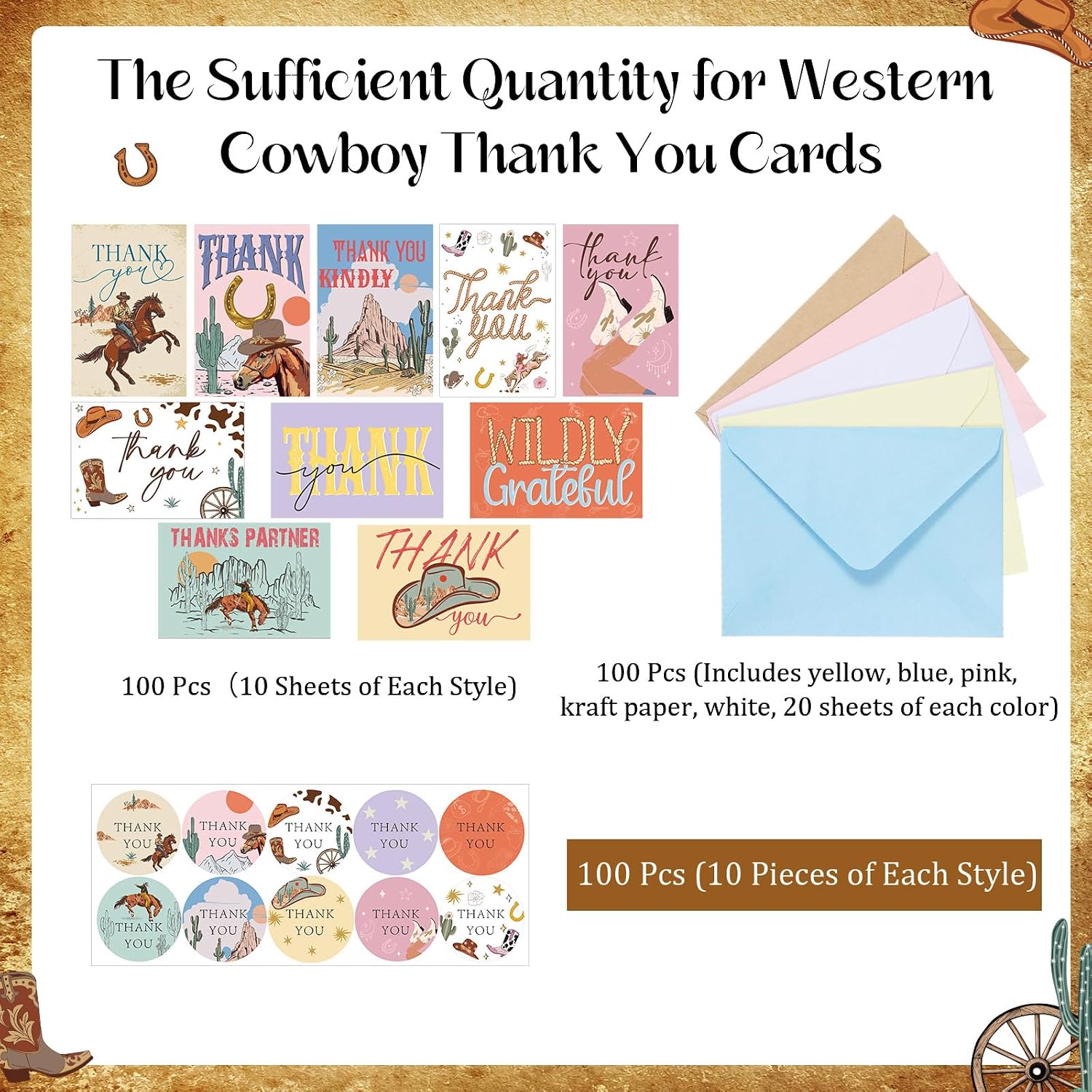 100 Pack Western Cowboy Thank You Cards Assorted Blank Appreciation Greeting Note Cards with Envelopes Stickers for Teachers, Coworkers, Thanksgiving, Christmas, Birthday, Bridal Gifts