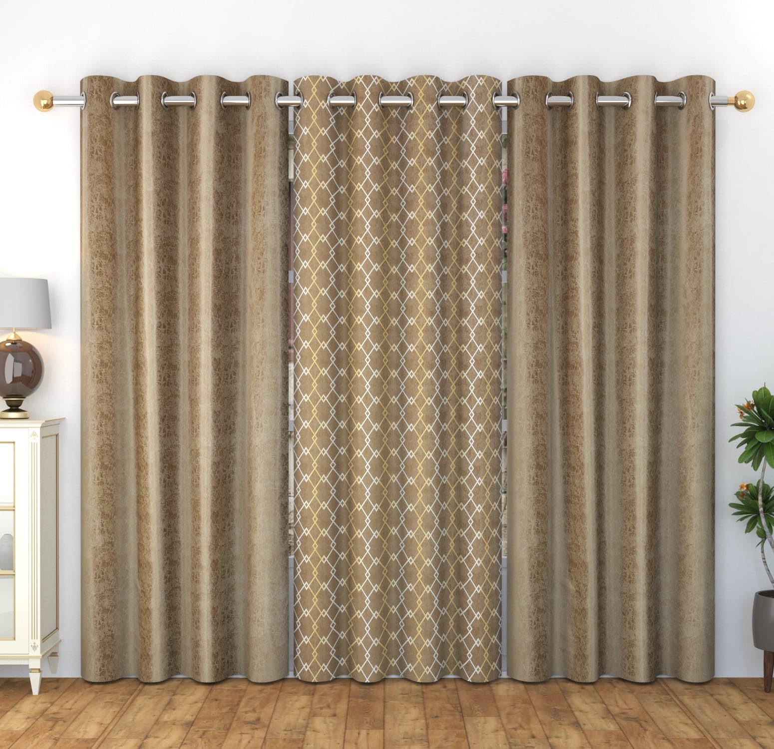 WO FLORA Window Curtains Check Design for Drawing Room/Living Room/Hall Room Parde for Door, Brown Color 5 Feet 3 Pcs Set Curtains