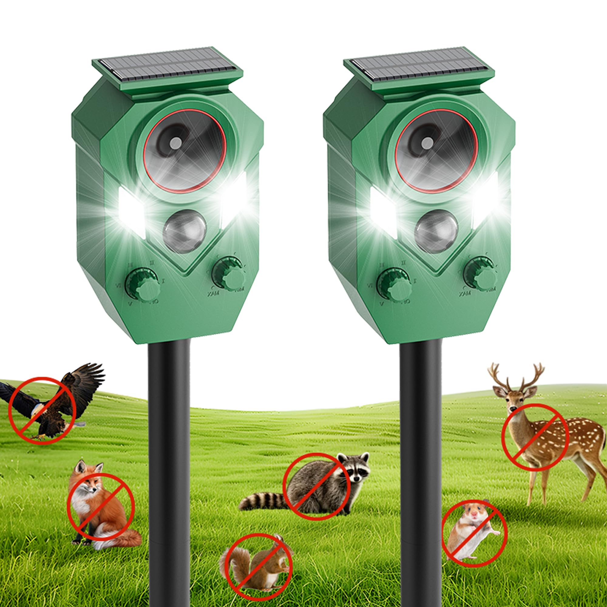 Repellente per animali a ultrasuoni ad energia solare con movimento e luci stroboscopiche a LED, deterrente per gatti all'aperto per scoiattoli, cervi, conigli, puzzole e cani, protegge giardino
