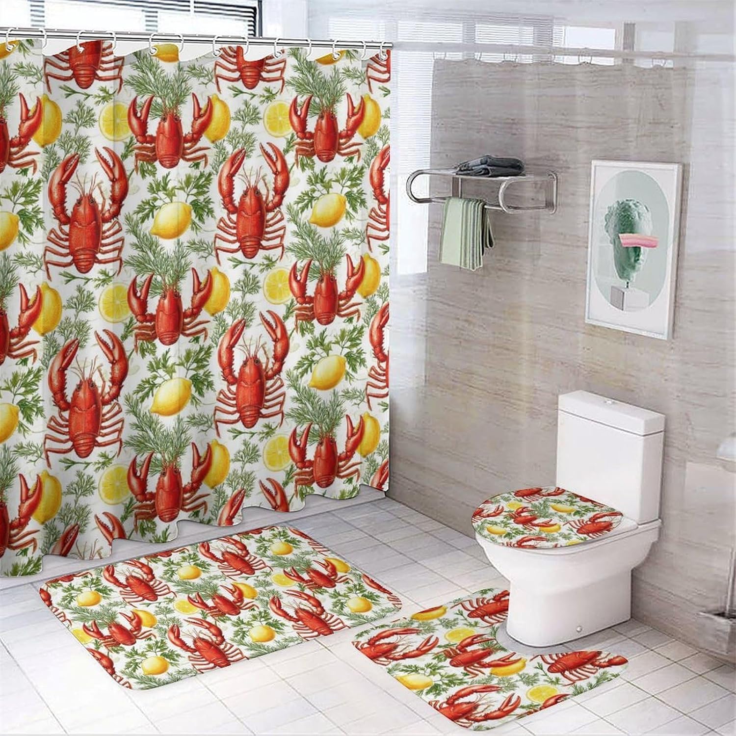 4 Pcs Bathroom Sets with Shower Curtain and Rugs - Fashion Funny Lobster Lemon Print Bathroom Mat Set Decor Accessories for U Shape and Toilet Lid Cover Mat with 12 Hooks