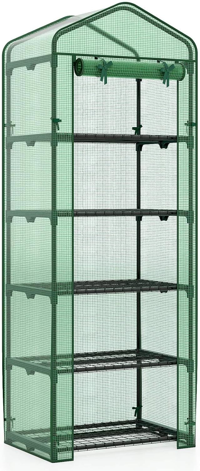 Costway Mini Greenhouse Indoor Outdoor, Portable Plant Grow House with 5 Tier Shelves, PE Cover, Roll-Up Zipper Door, Rustproof Elector-Coating Metal Frame for Patio Balcony Garden (Green)
