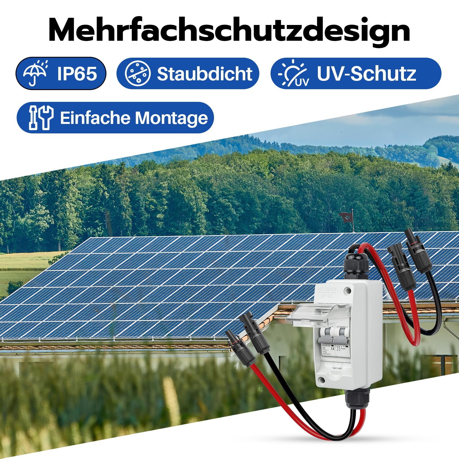 PV bezpiecznik automatyczny 2-biegunowy do instalacji PV, wodoszczelna obudowa IP65, skrzynki rozdzielcze, wyłącznik DC z kablem fotowoltaicznym (60 A, DC 1000 V)