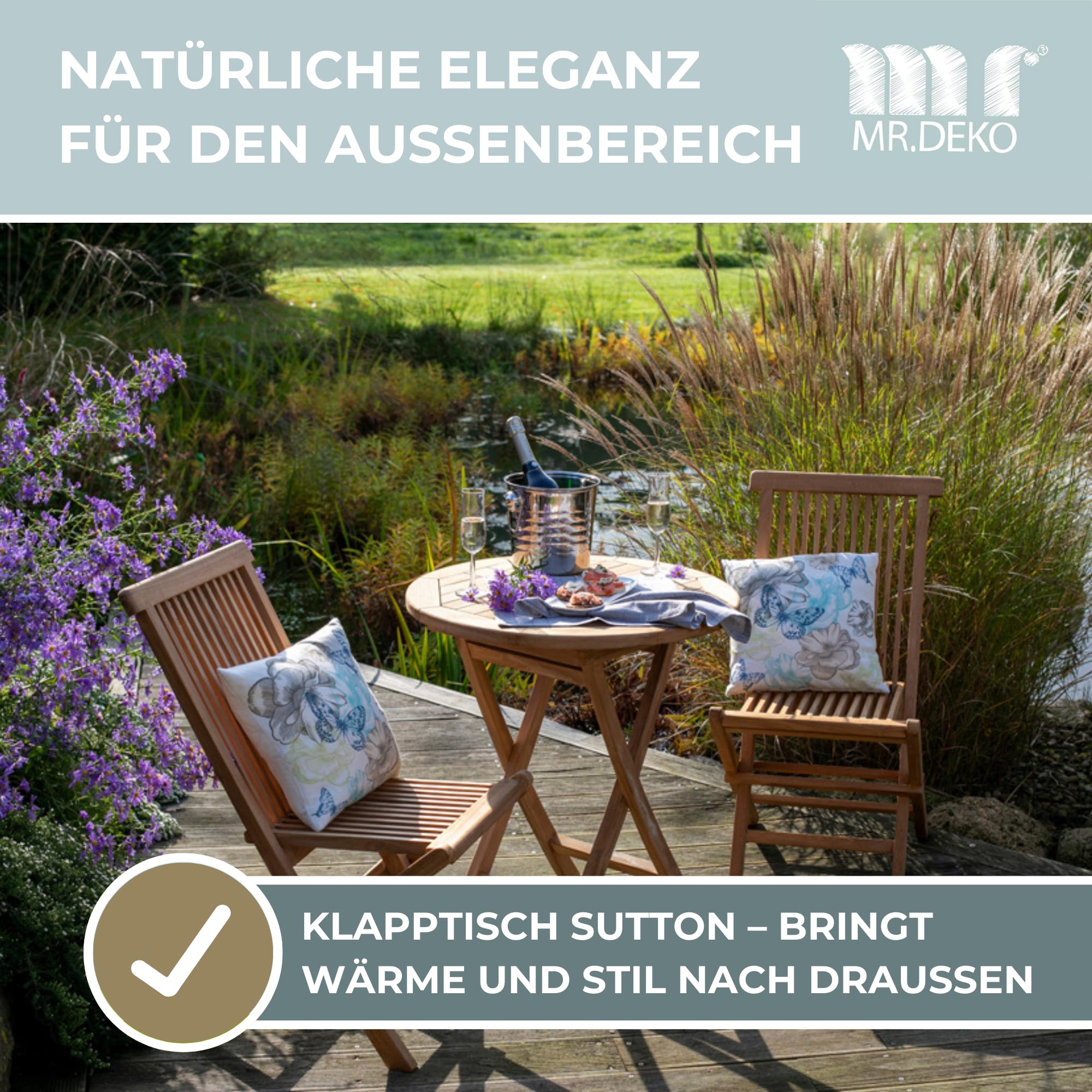 MR.DEKO Balkontisch klappbar Sutton Klapptisch Balkon Gartentisch rund | 70x70cm wetterfestes Teakholz