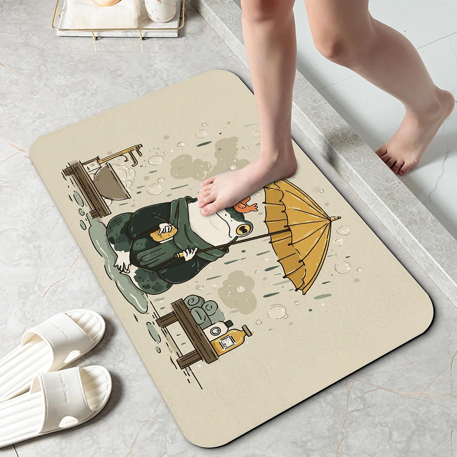 Bathroom Rug 29.5"x17", Cute Funny Frog Bath Mat with Non-Slip Rubber Backing, Quick-Drying Absorbent Thin Floor Mat for Bathroom, Shower, Sink, or Kitchen