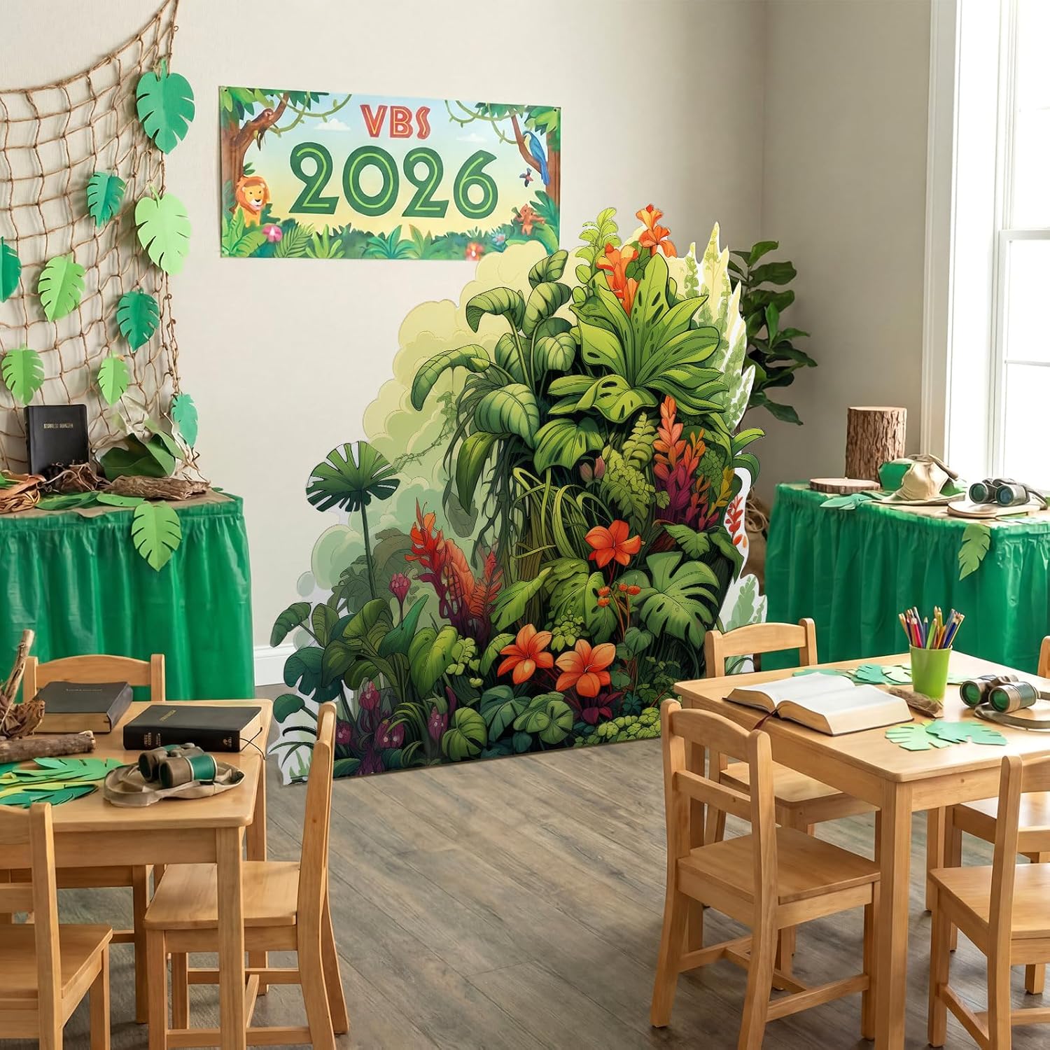 Gerrii VBS 2026 47.2 x 48.4 Inch Large Rainforest Theme Party Decoration Vacation Bible School Rainforest Background Jungle Plant Scenery Backdrop for VBS Safari Theme Luau Jungle Party Decor