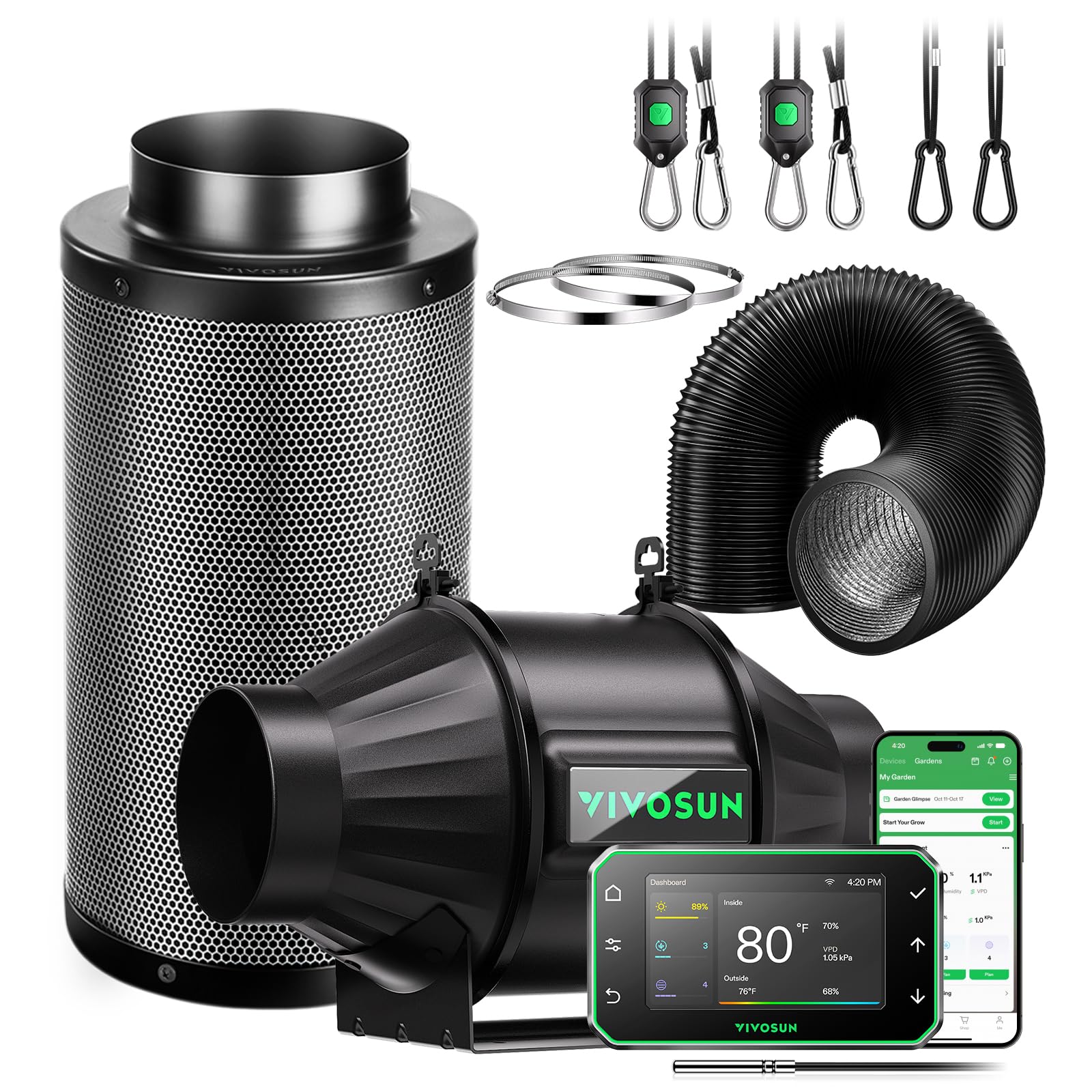 Smart Air Filtration PRO T4 Kit 4", AeroZesh T4 Inline Duct Fan w/GrowHub E42A Temp. Humidity WiFi-Controller, Carbon Filter & Ducting, Cooling & Ventilation System for Grow Tent, Hydroponics