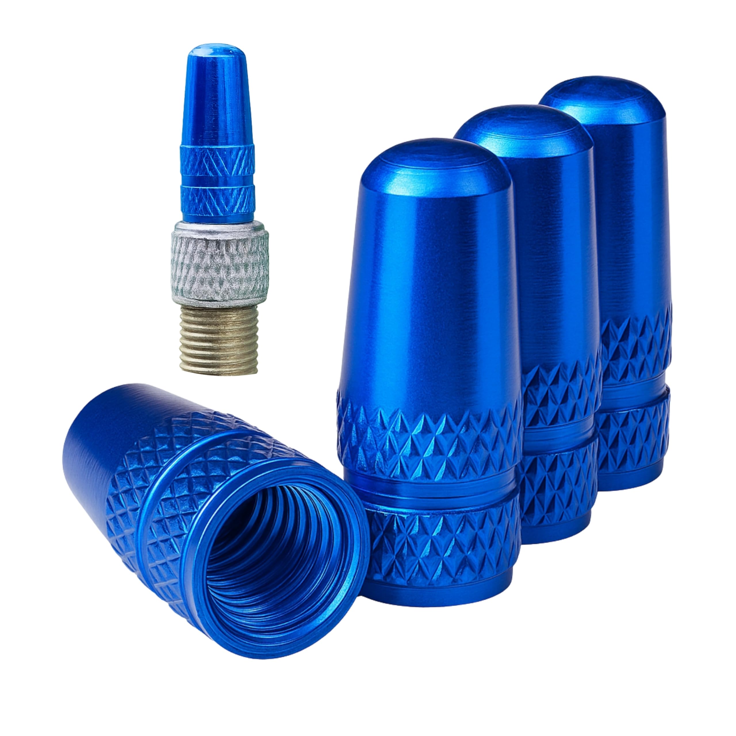 Valve caps made of aluminium, 4 pieces, in blue, for bicycle tyres with Dunlop or Presta valve, bike wheel caps, tyre tyre cover bicycle inner tube, air tyre protection bike cover