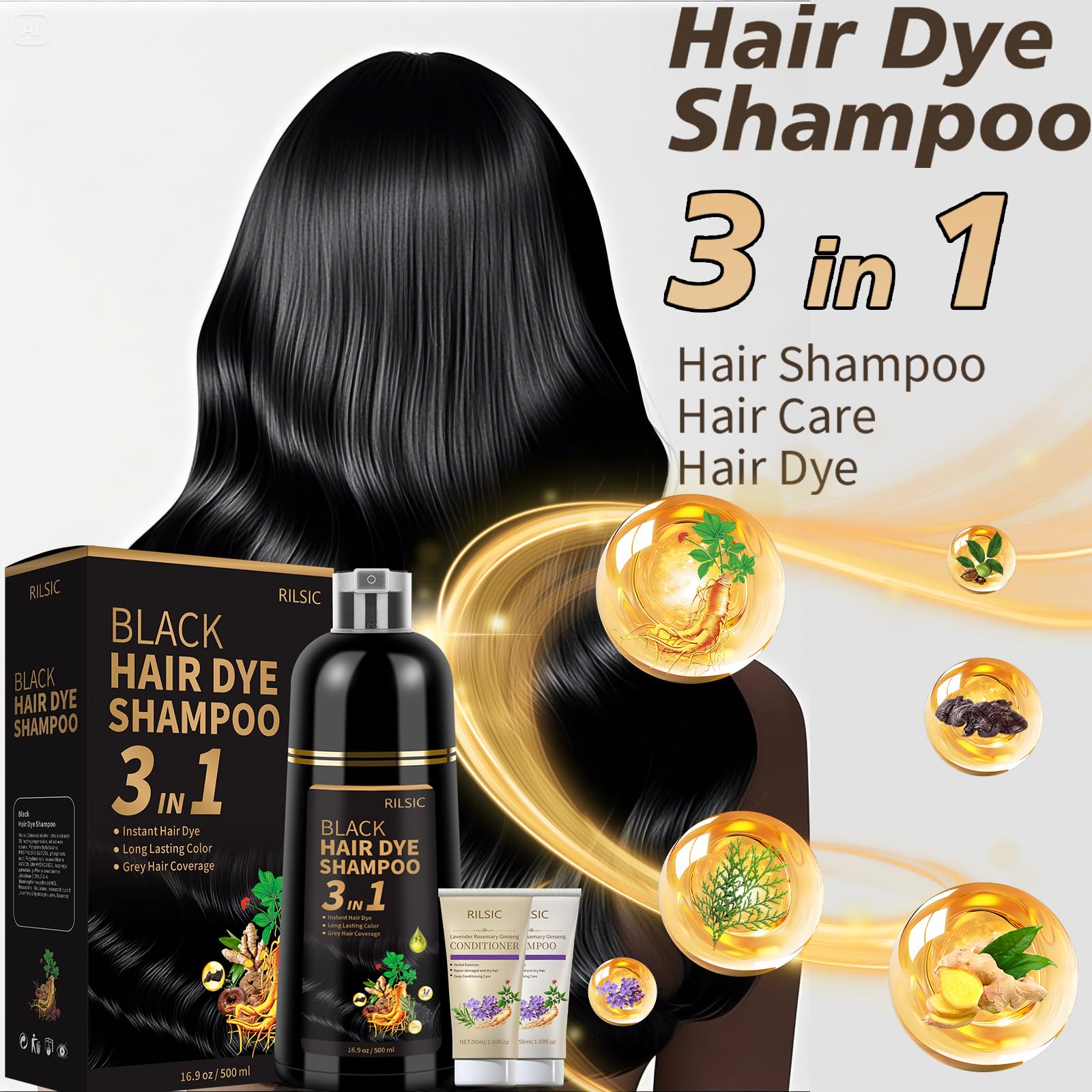 RILSIC Shampoo Colorante, 500ml Hair Dye Shampoo 3 in 1 & 50ml Shampoos & 50ml Balsamo, Colorante Tinta Capelli Istantaneo, Naturale Hair Color per Donna Uomo (Nero, 600ML)